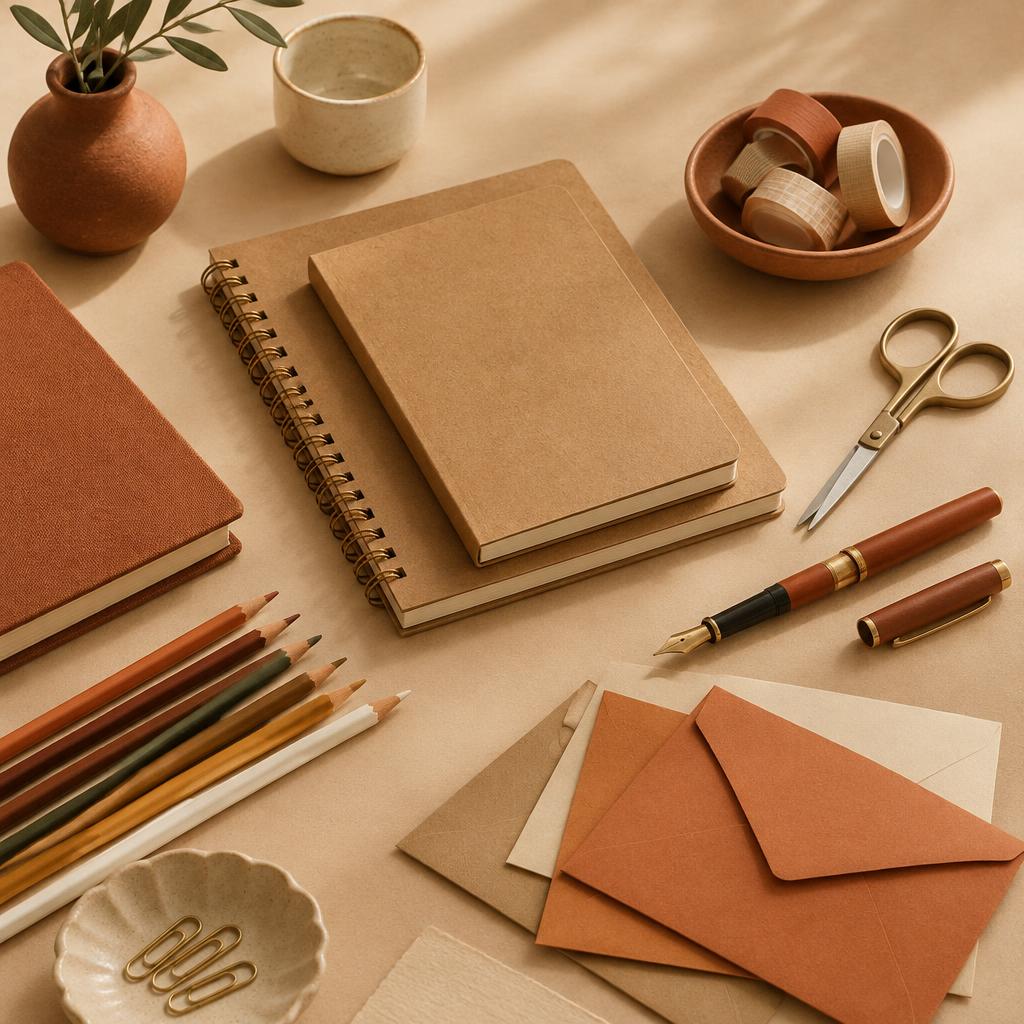 Cadernos kraft, lápis de cor, fitas adesivas e envelopes
